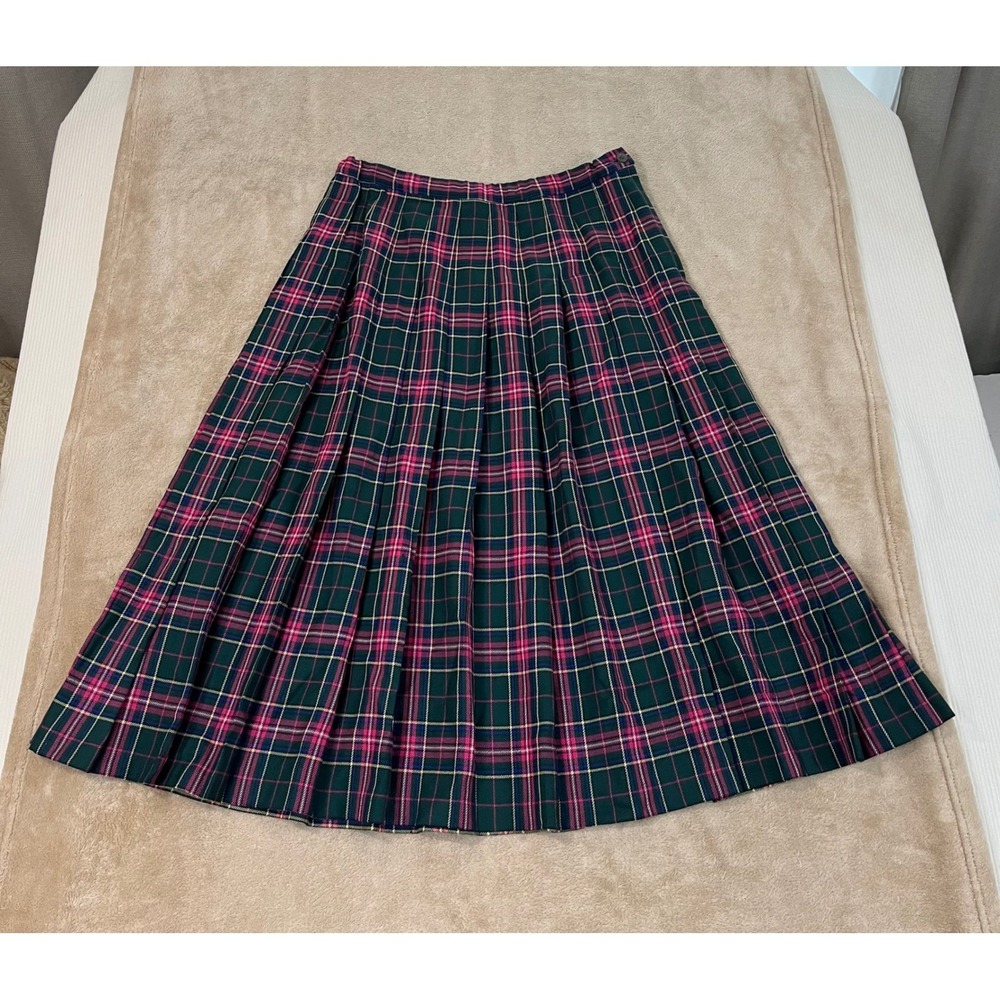 Vtg Pendleton Wool Skirt Suit Set Women 16 Green Pink Plaid Blazer Pleated Skirt - Picture 12 of 16
